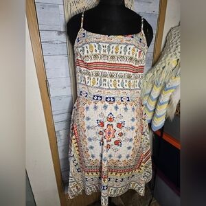 Y2K Boho Festival Hippie Chic Cream Boho Print Handkerchief Midi Dress